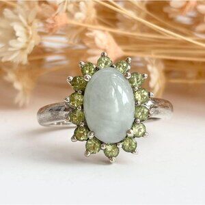 Natural Peridot & Jade Cabochon Gemstone Sterling Silver Vintage Ring - sz 9